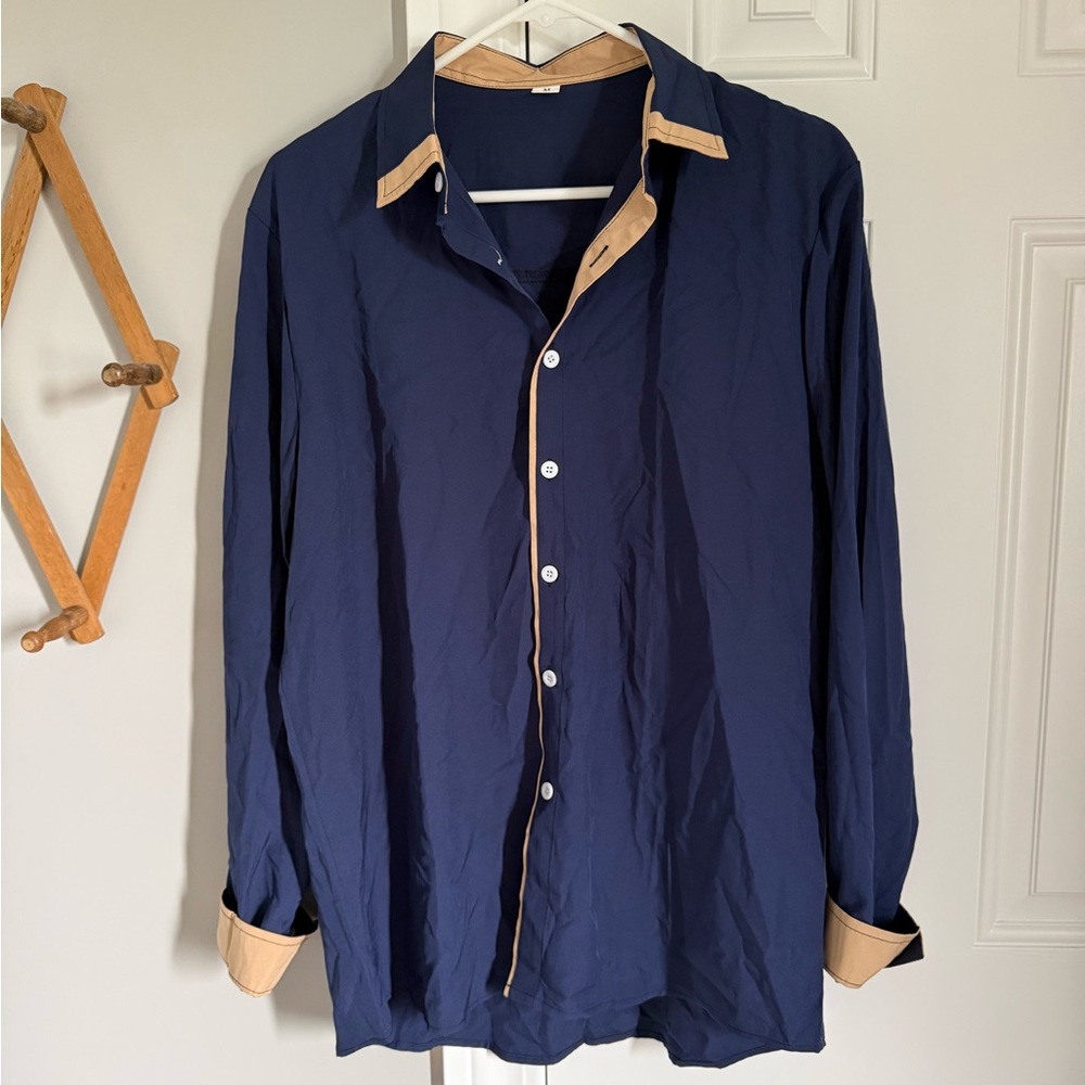 Navy Button-Up Shirt with Tan Contrast Trim